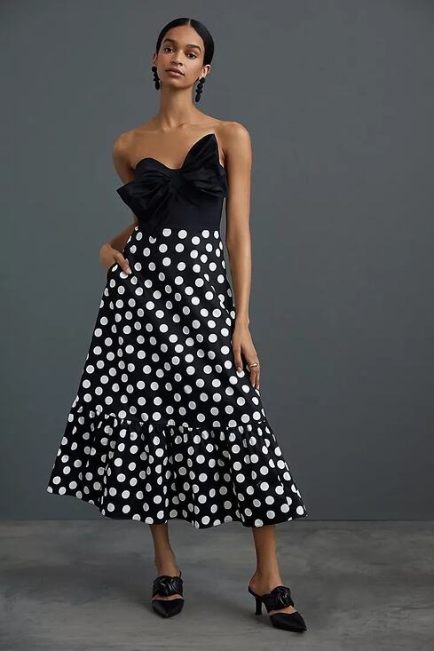 Anthropologie Dresses & Skirts - Anthropologie Black and White Polka Dot Strapless Midi Dress with Bow